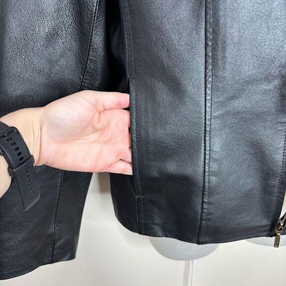 Vintage 100% leather jacket zip up black animal print lining 90s Y2K small goth - Picture 3 of 7